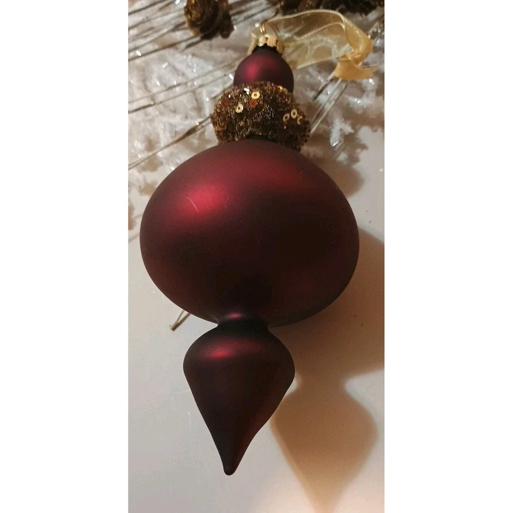 Pair Of Frontgate Glass Ornament Glitter Beaded Maroon‎ & Gold Finial Shape